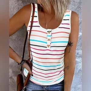 Striped Sleeveless Top with Wooden Button Detail Large